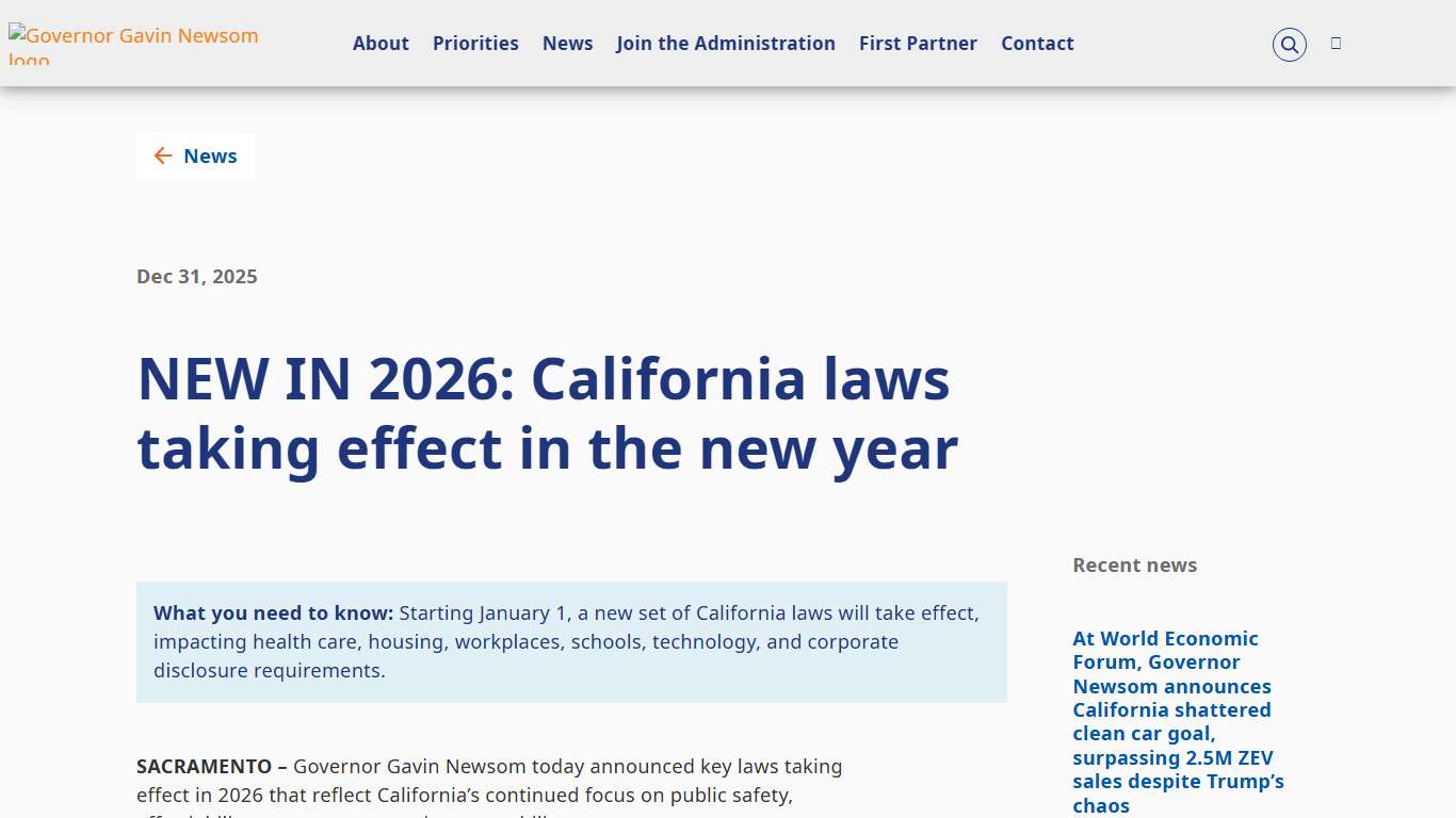 NEW IN 2026: California laws taking effect in the new year | Governor of California